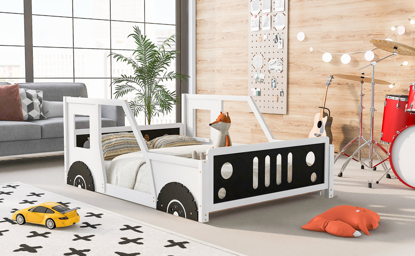 Full Size Classic Car-Shaped Platform Bed with Wheels White