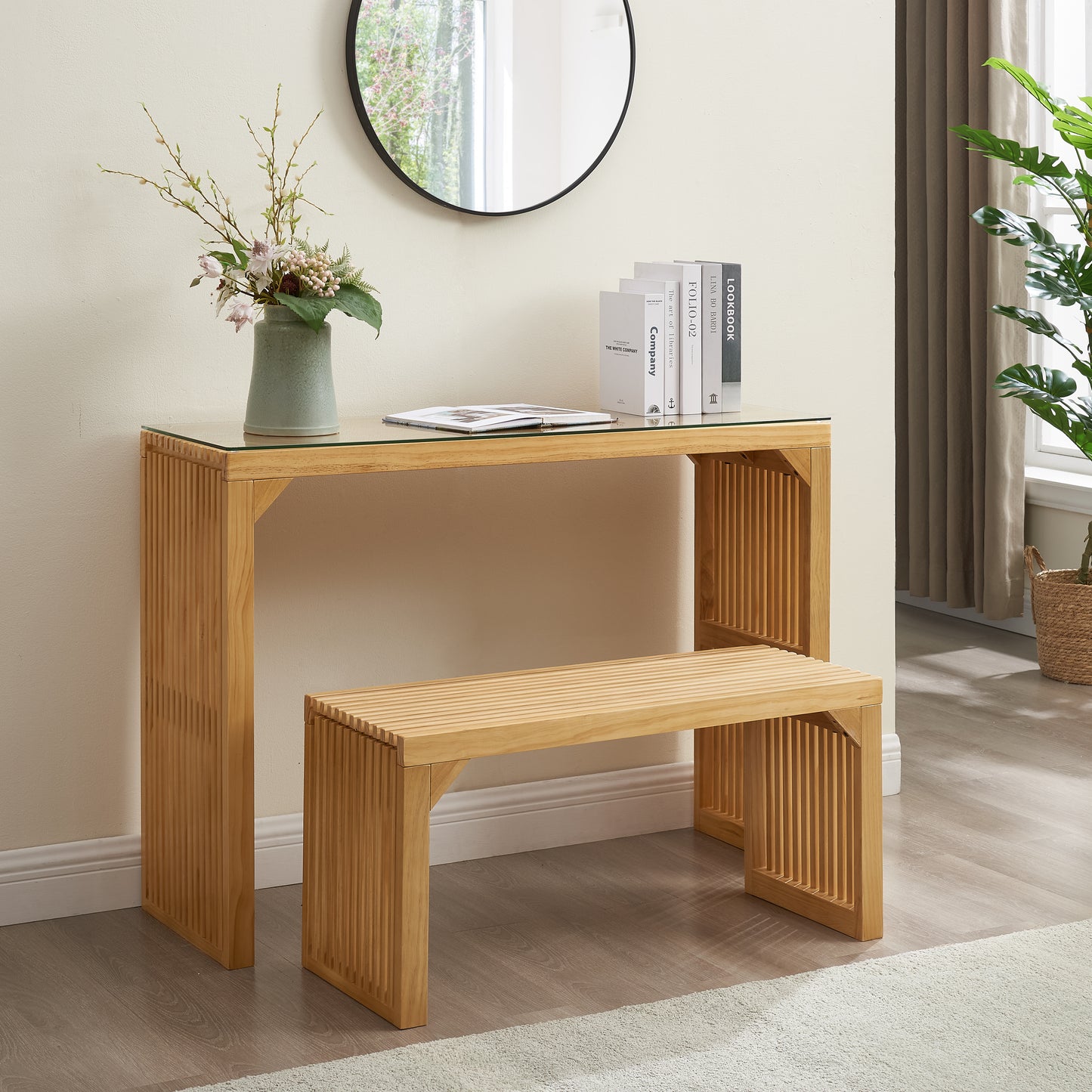 Dining Bench and Table, Pine Indoor Wood Bench for Entryway,Living Room,Kitchen and Bedroom Table (Nature, Long Bench & Table)