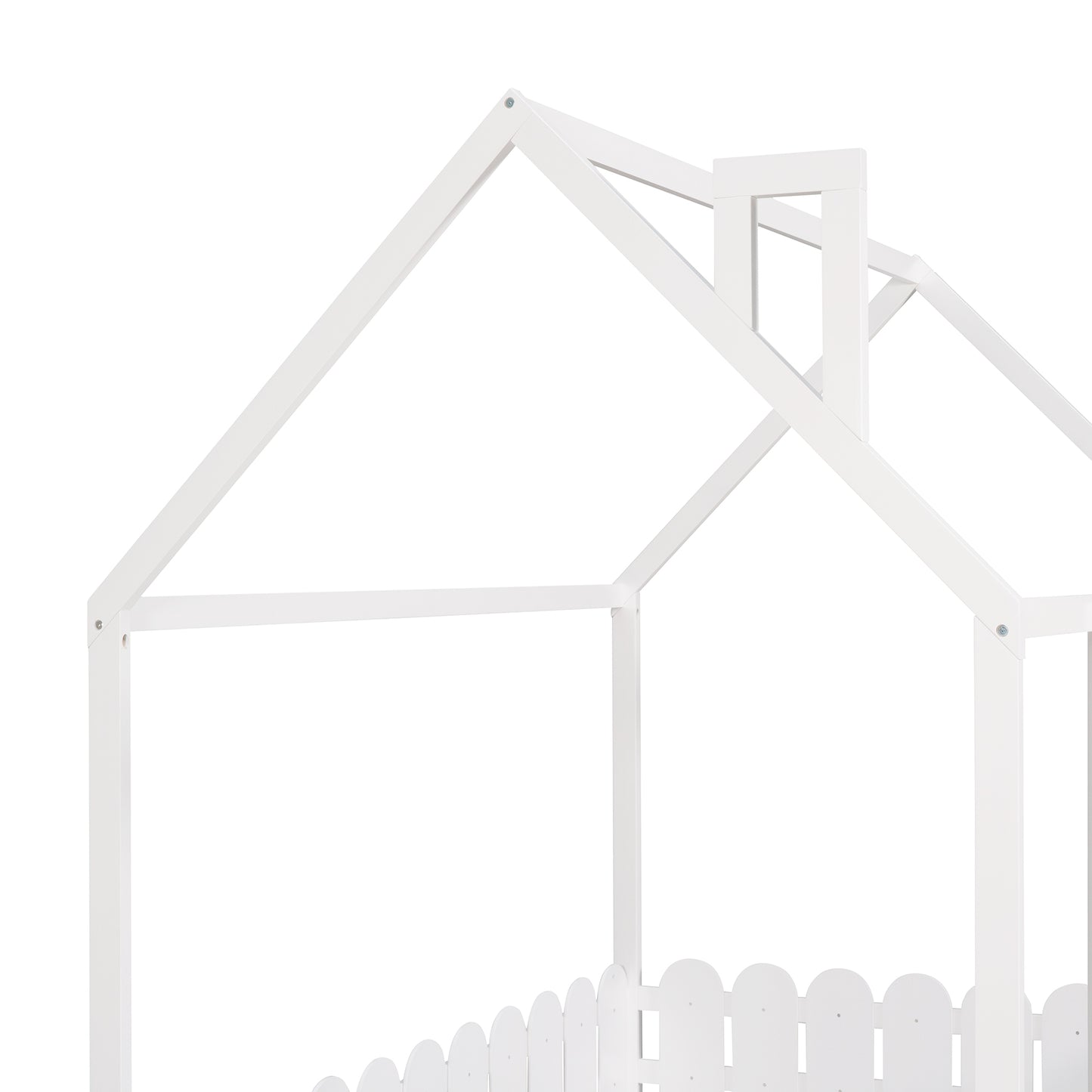 (Slats are not included) Full Size Wood Bed House Bed Frame with Fence for Kids Teens Girls Boys (White )