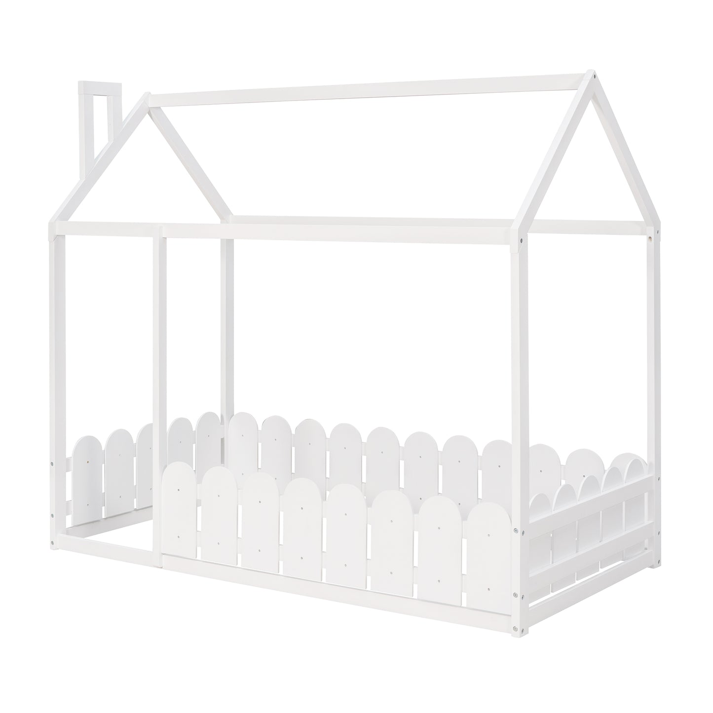 {Slats are not included}Twin Size Wood Bed House Bed Frame with Fence for KidsTeens Girls Boys {White}