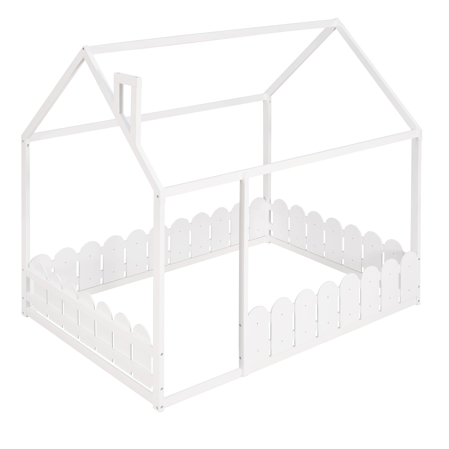 (Slats are not included) Full Size Wood Bed House Bed Frame with Fence for Kids Teens Girls Boys (White )