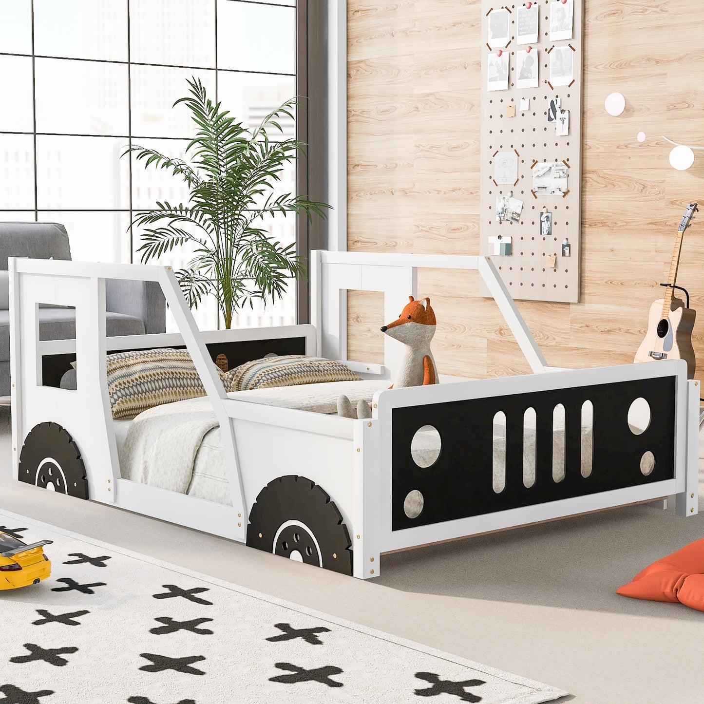 Full Size Classic Car-Shaped Platform Bed with Wheels White