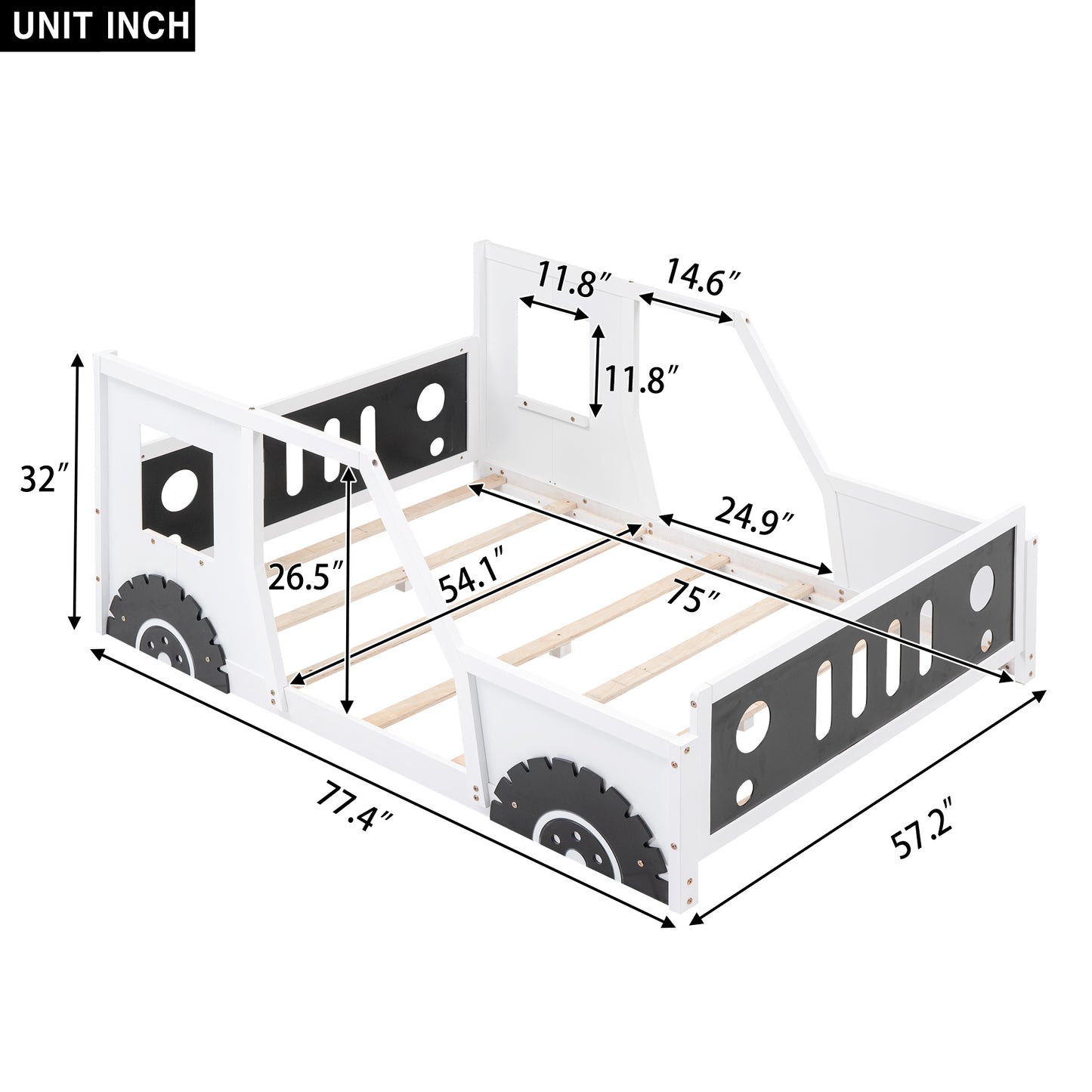 Full Size Classic Car-Shaped Platform Bed with Wheels White