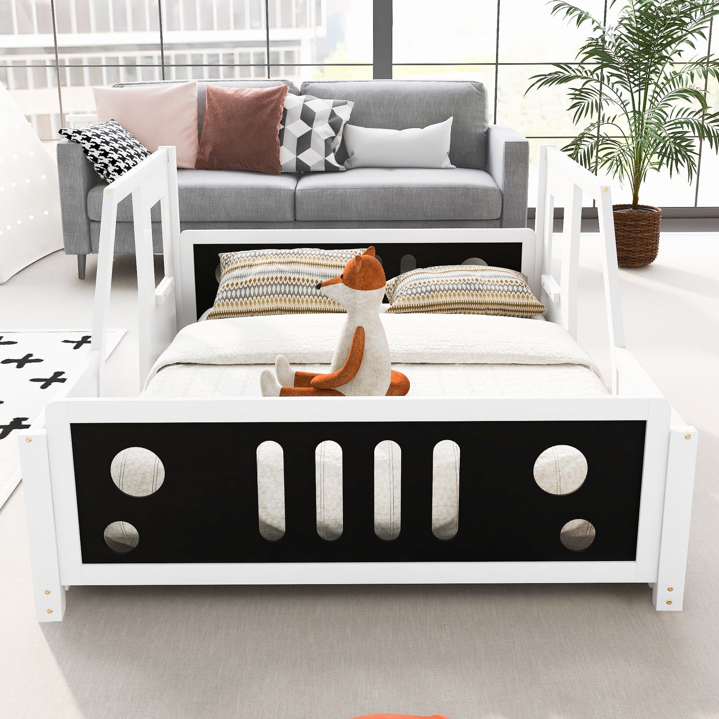 Full Size Classic Car-Shaped Platform Bed with Wheels White