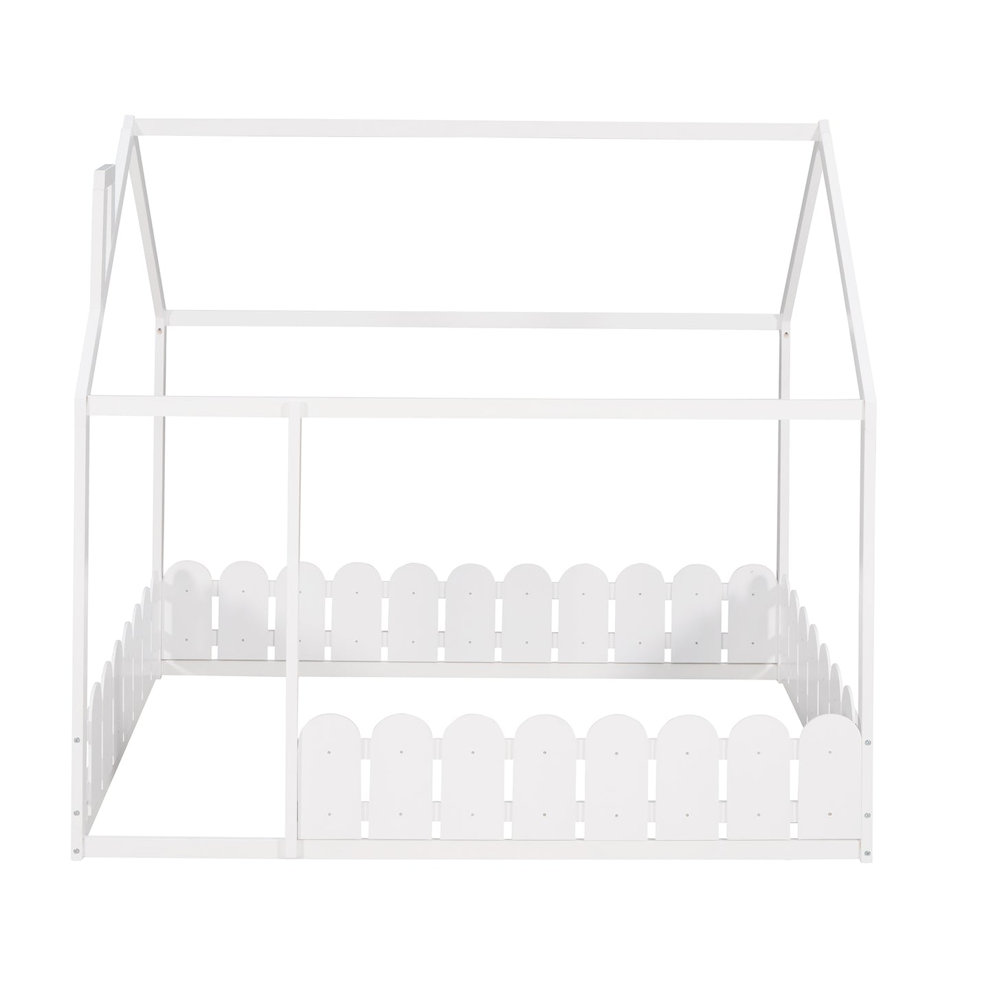 (Slats are not included) Full Size Wood Bed House Bed Frame with Fence for Kids Teens Girls Boys (White )